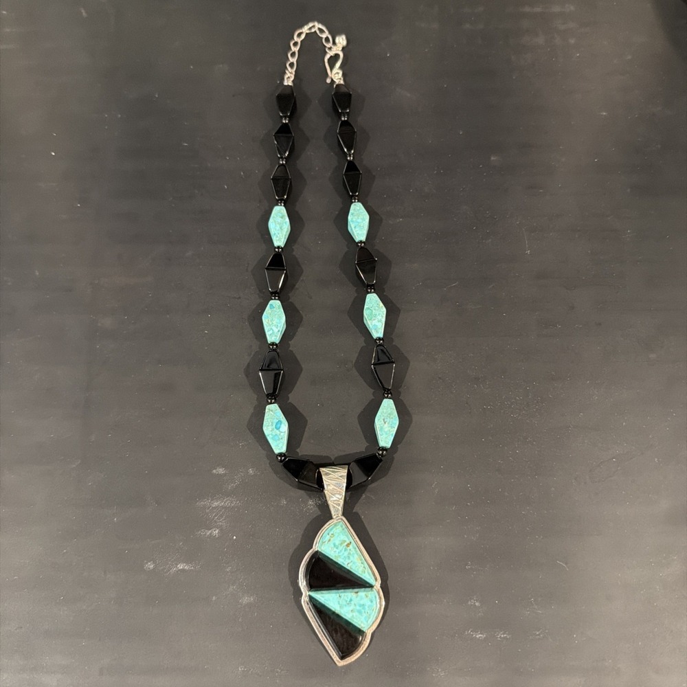 Vtg Jay King DRT Sterling 925 Turquoise Onyx Art Deco Beaded Necklace 68g 20-24"